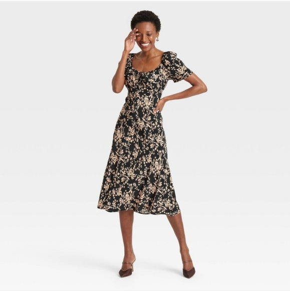a new day Woman's Short Sleeve Floral Midi Dress ~ Black - Picture 1 of 15